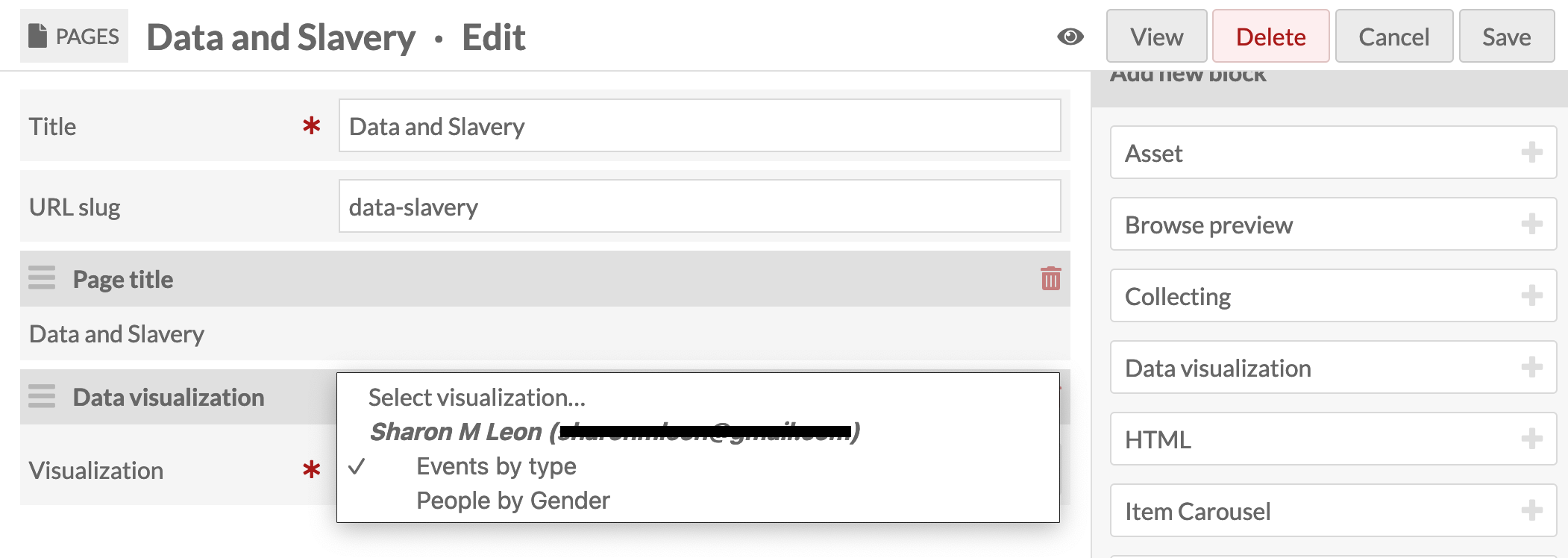 Data visualization block in a page