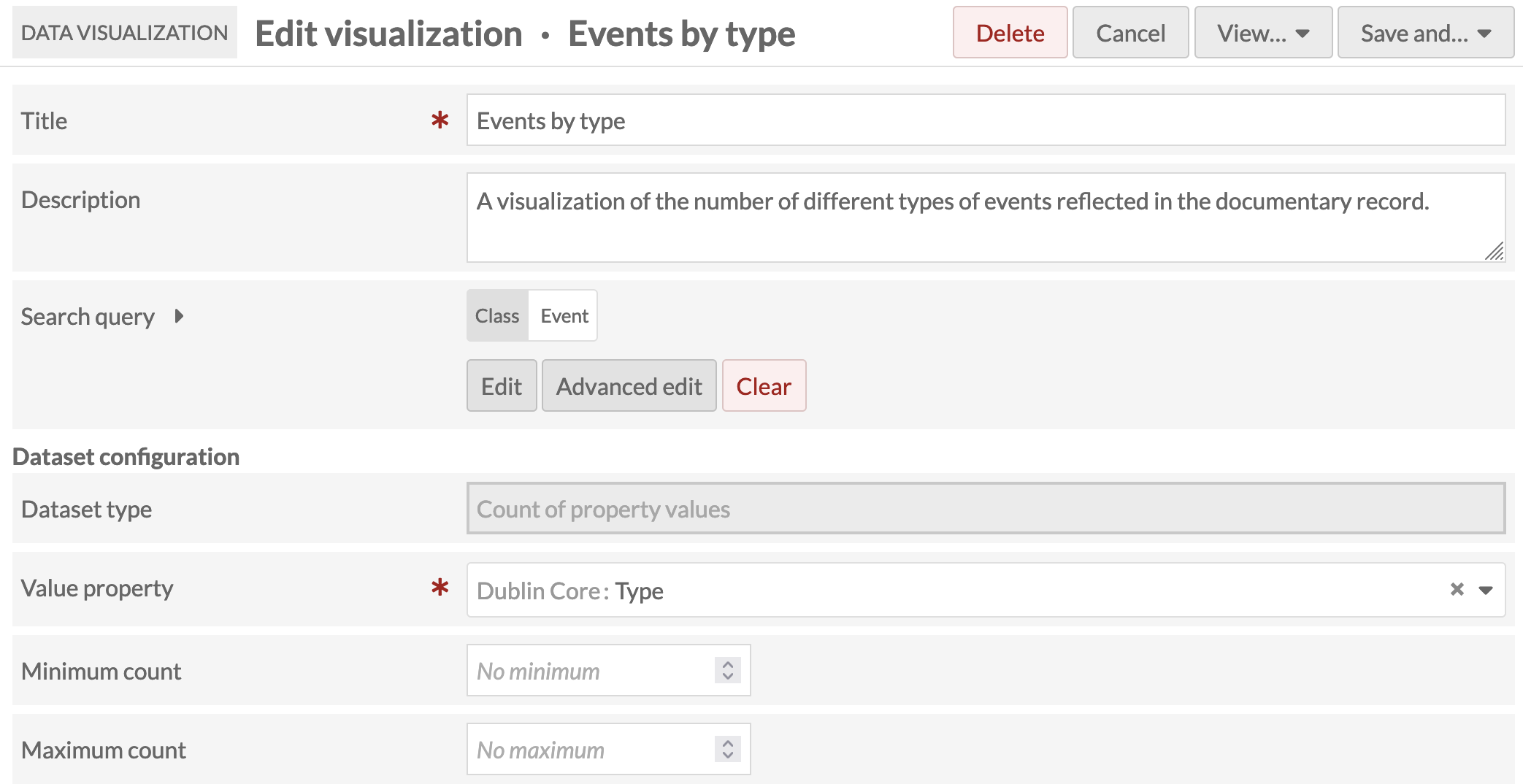 Add Data Visualization form including Title, Description, Search Queary and Data configuration options for a Count of Items with Property Values visualization