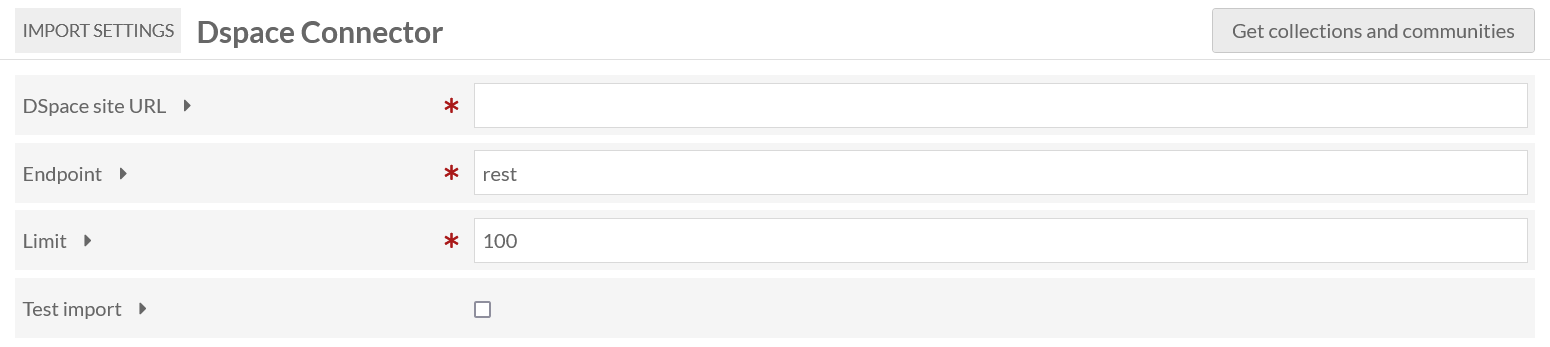 Screenshot of the field options for DSpace Connector