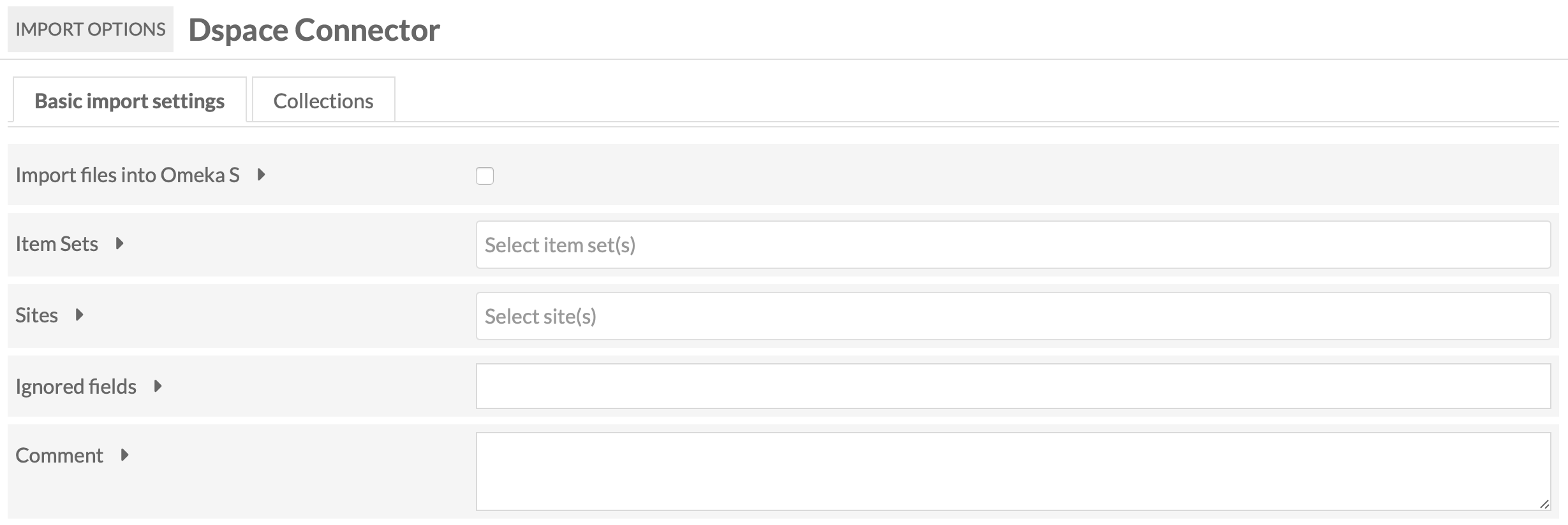 basic import settings, nothing entered and no boxes checked.