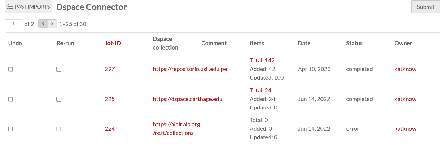 Table of past imports showing two completed imports and one import resulting in an error with different collections being imported