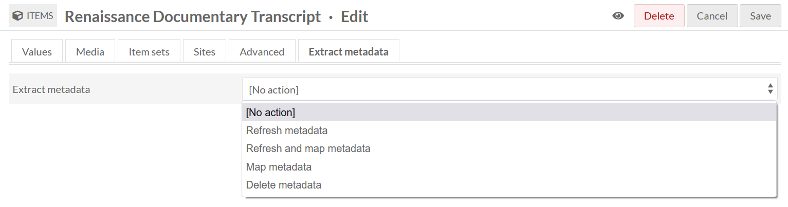 Item edit view with the Extract metadata tab active and the actions dropdown menu open