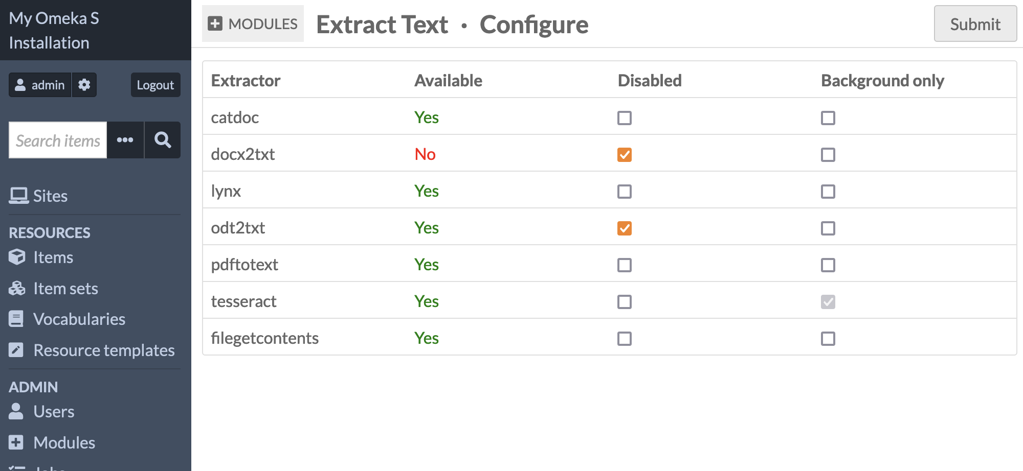 The configuration page showing most extractors available, Tesseract running in the background, and two extractors disabled.