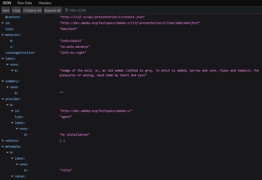 A view of a IIIF manifest JSON output.