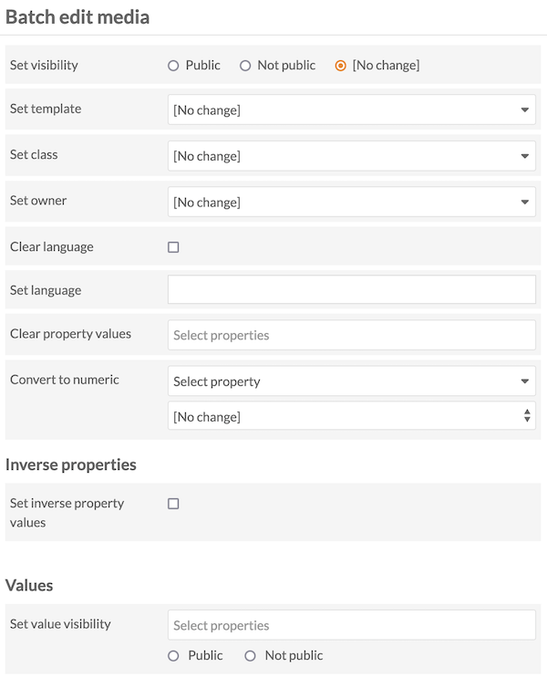 The batch-editing form showing an entry for Inverse properties, with a checkbox to generate the IR pairings.