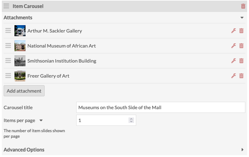 An item carousel block with attached items and configuration settings.