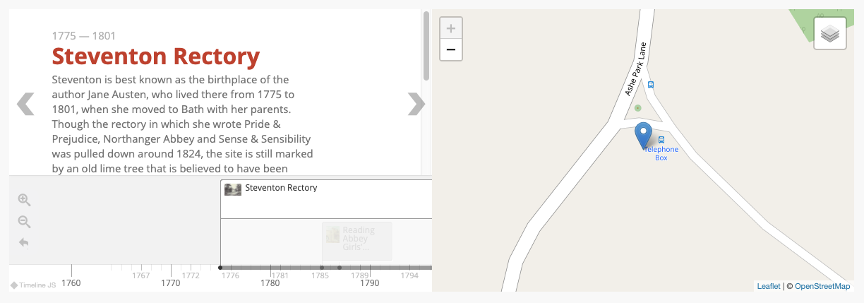 Map block with timeline, displaying the interval item "Steventon Rectory, 1775-1801". The information area includes the beginning of a long paragraph describing the item. The marker for the rectory in the timeline runs off the right side of the timeline, which displays 1760-1800.