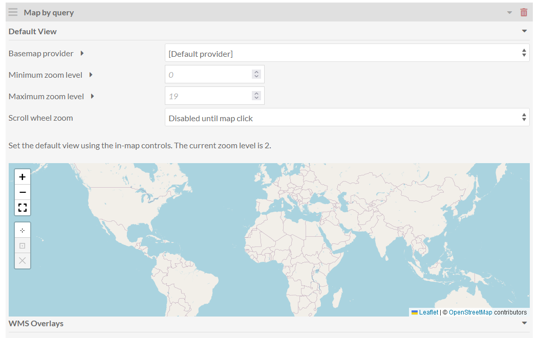 Map by attachments block open to Default Settings. There is no information in any field, and the preview map is zoomed in to level 2