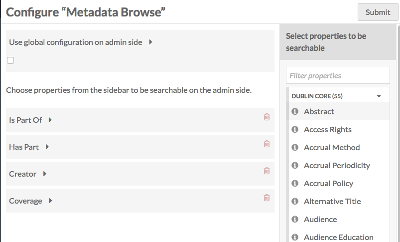 Metadata Browse configuration, some properties selected