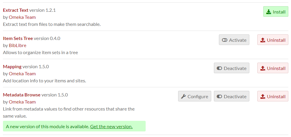 A list of modules in different states. One is uninstalled, one is installed but not active, two are active but only one is showing a Configure button. The last module on the list has a "new version" banner in green.