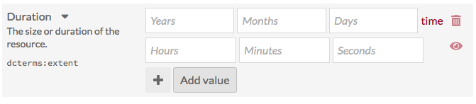 A property labelled duration, using the vocabulary dcterms "extent". There fields described are in a stack, with year on top.