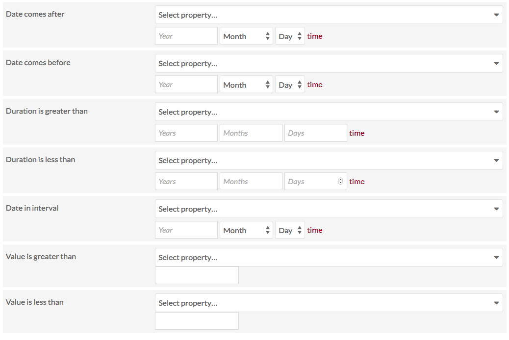 Numeric data type search options, no data entered