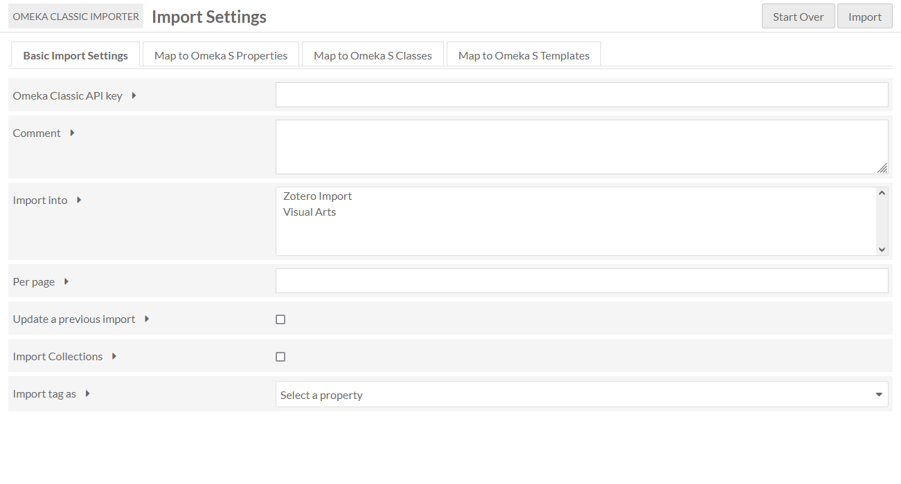 Basic options for importing