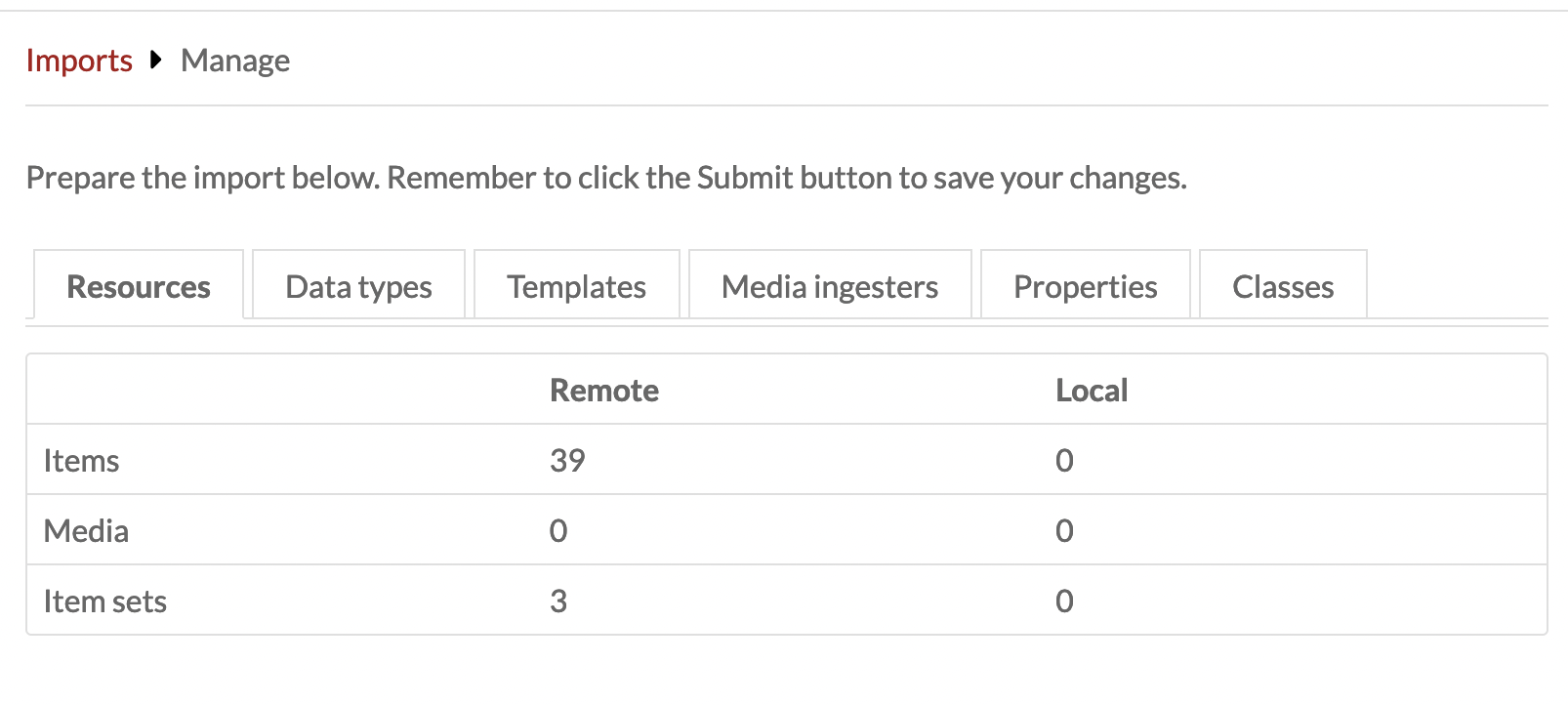 Manage import overview table with tabs for Resources, Data Types, Templates, Media Ingestors, Properties and Classes