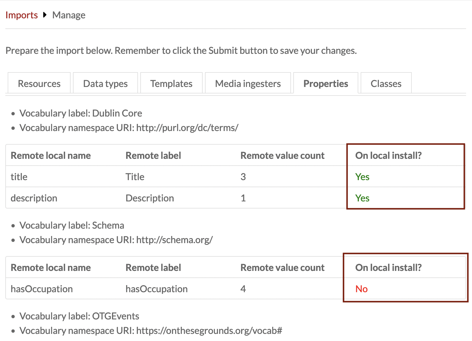 Manage import table with property inventory table with two red rectangular highlight boxes showing properties that are present and not present in the local installation