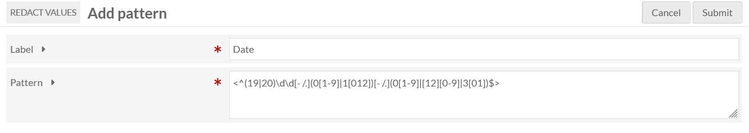 Add Pattern form for Redact Values module including Label and Pattern fields.