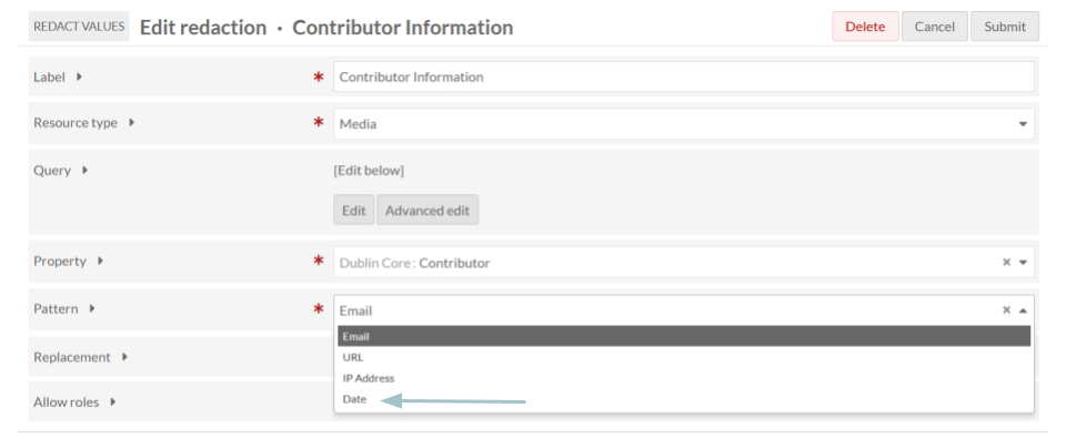 Example of new pattern added to Pattern field in add Redact Values form.