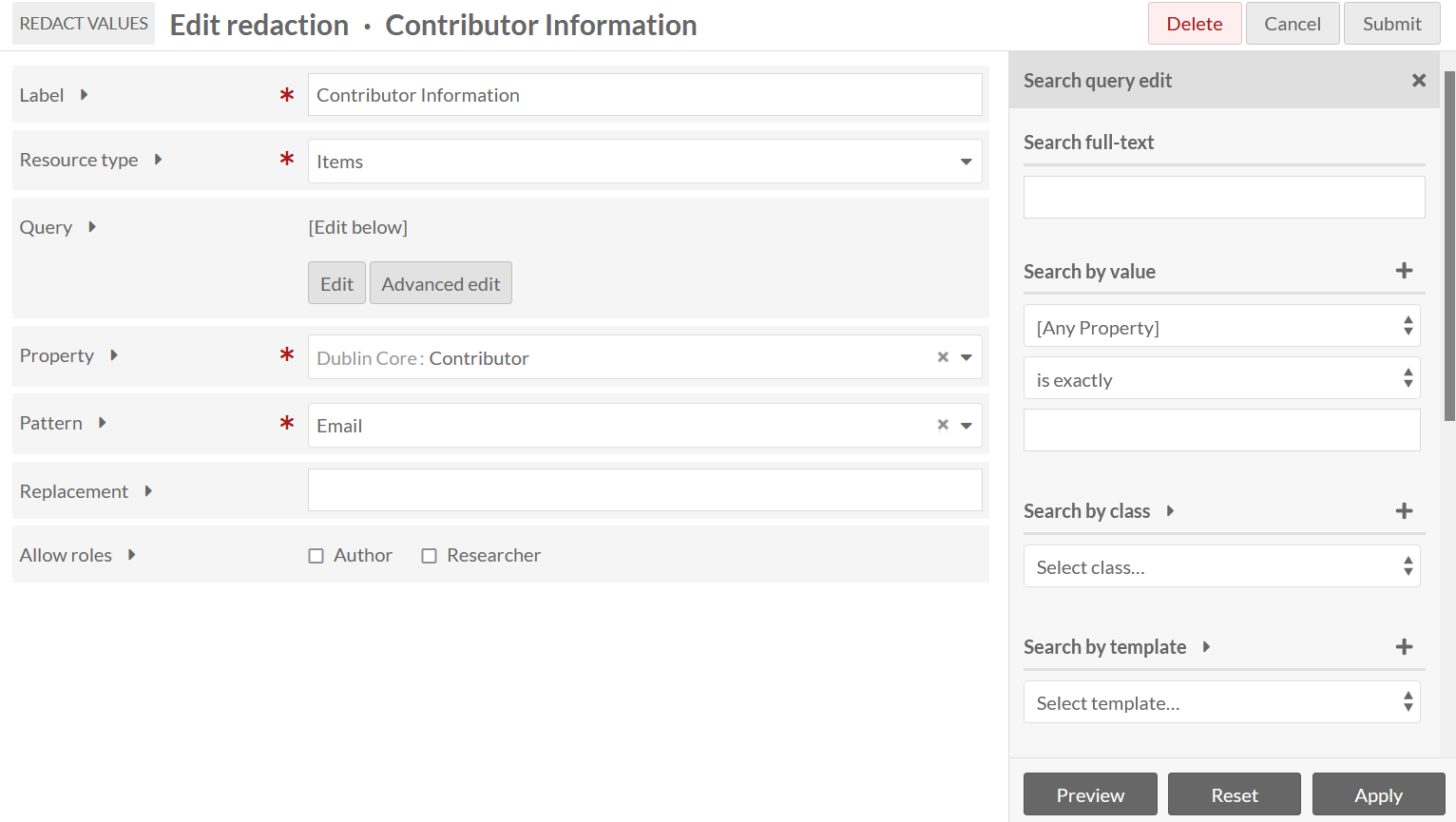 Edit query tray in add Redact Values form.