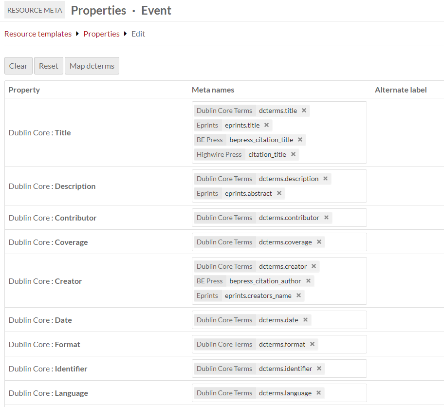 A resource template's meta settings being edited, showing multiple mappings on several properties.