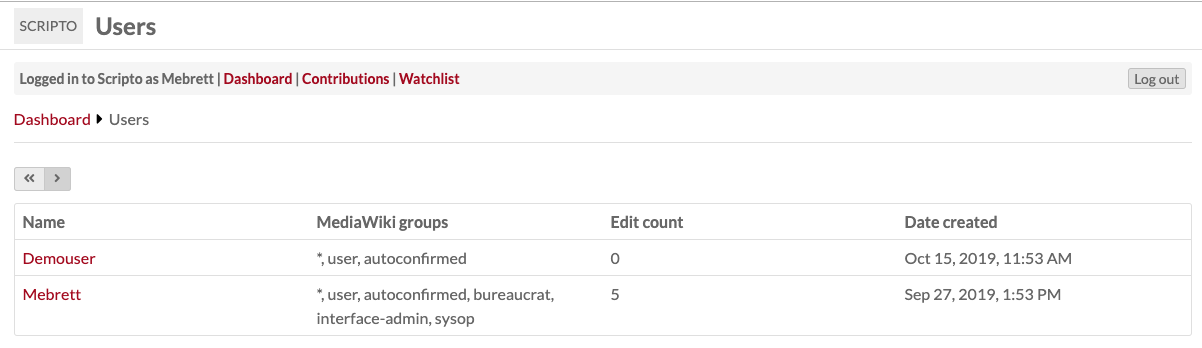 Browse users table with two users, one regular and one admin