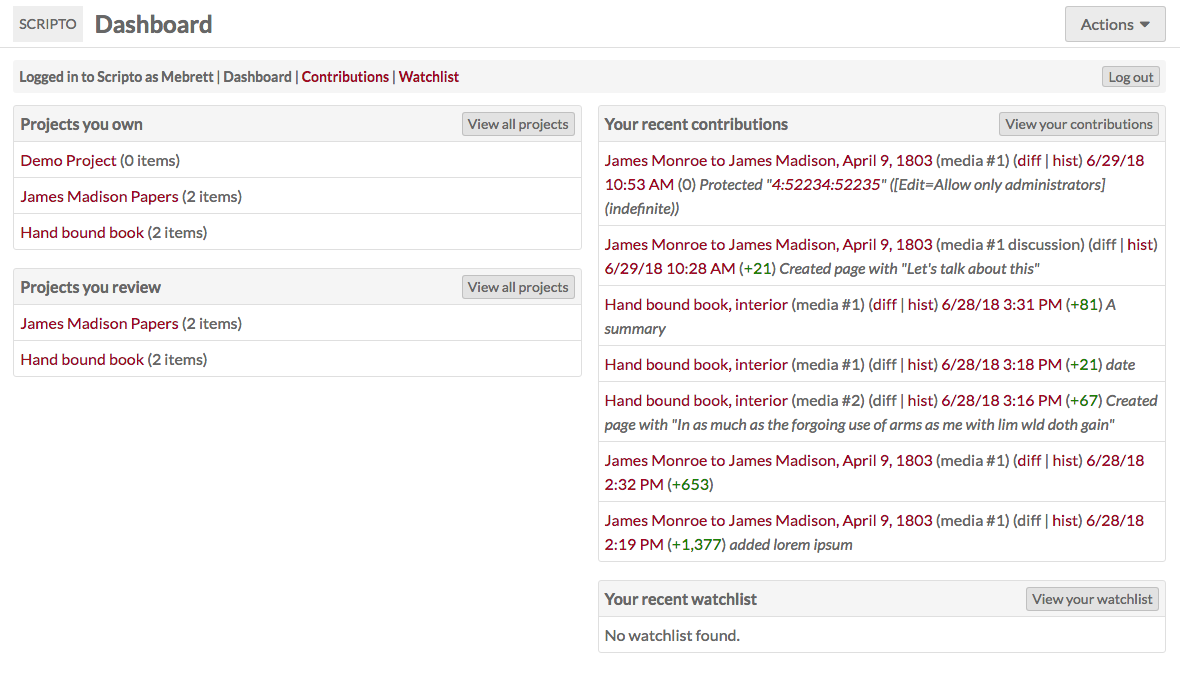 Scripto dashboard with three projects, two of which the user reviews, and a series of recent contributions.