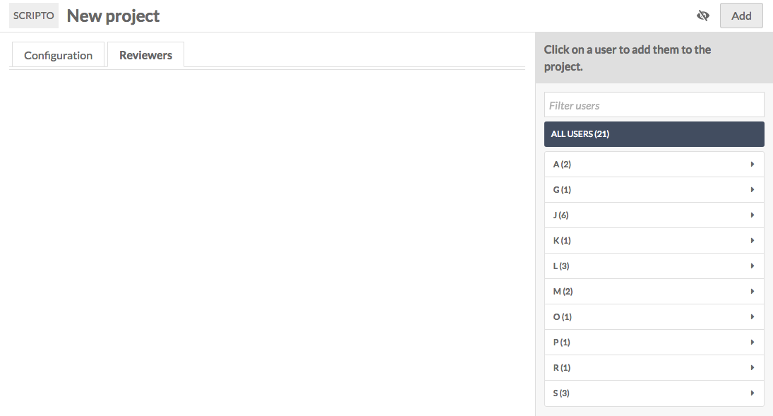 Add New Project window open to the "Reviewers" tab - the page is largely blank, with an alphabetical menu down one side.