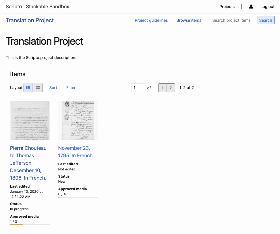 Public project view. There are two large square thumbnails representing items in the project. One has a "1/3" and a full orange bar underneath it, indicating that the item is in progress