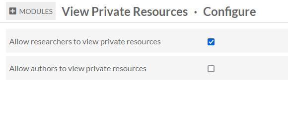 The Configure page for the module, with two rows and two checkboxes - one for Authors and one for Researchers.