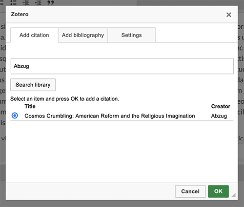 Zotero Citation addition dialogue box with Add citation tab active