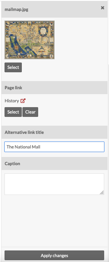 Asset options sidebar with inputs for page link, alternative link title, and caption