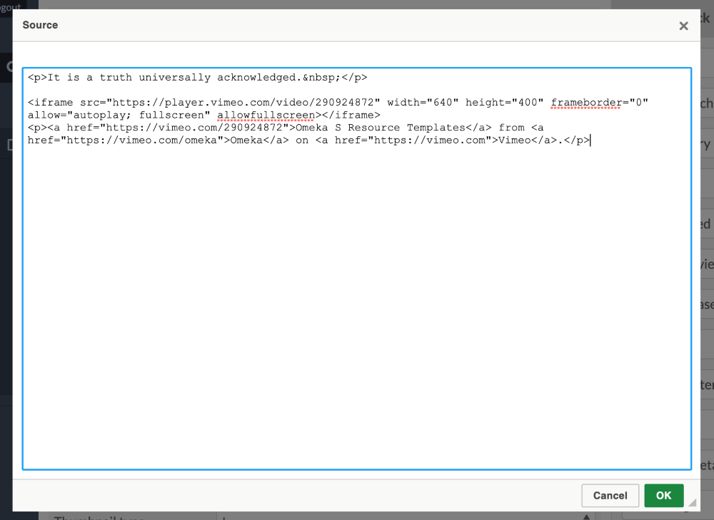 Source box open with a short paragraph of text and an iframe from Vimeo