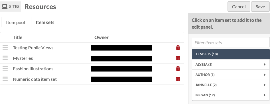 Site resources Item Sets tab