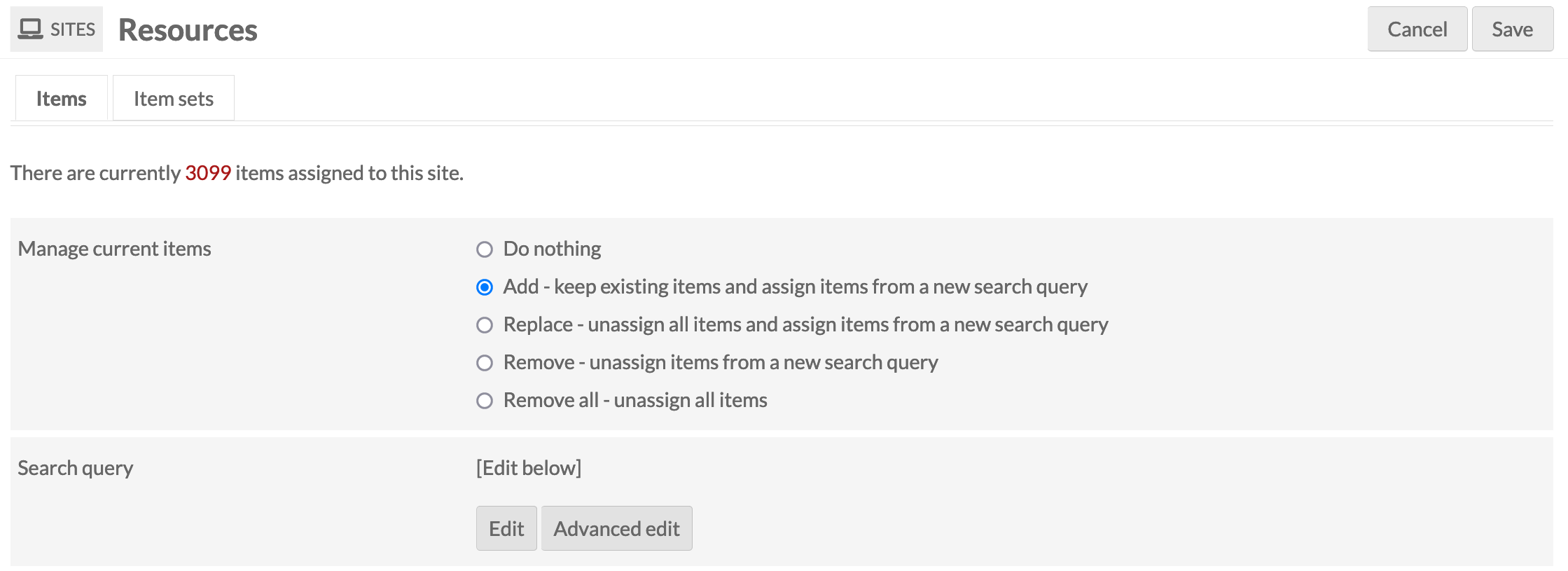 Item resources with "add" selected and the search form loaded