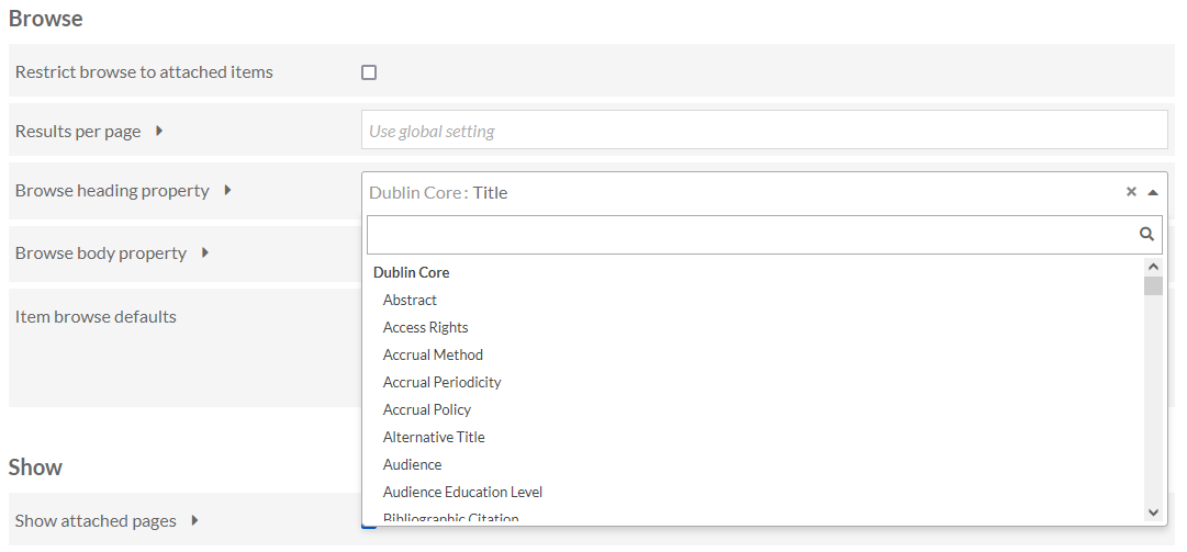 ブラウズ見出しプロパティのオプションが開かれています。現在の選択であるダブリンコア：タイトルが上部にあります。その直下には、虫眼鏡のシンボルで示される検索バーがあります。その下には友達の友達語彙のいくつかのプロパティが表示されています。
