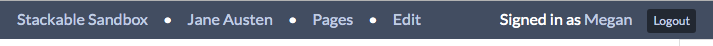 ページの上部に青いバーがあり、その上に淡い青色のテキストでリンクを示す以下の言葉が表示されています：Stackable Sandbox, Jane Austen, Pages, Edit Page, Signed in as Megan、そしてログアウトするためのボタン。